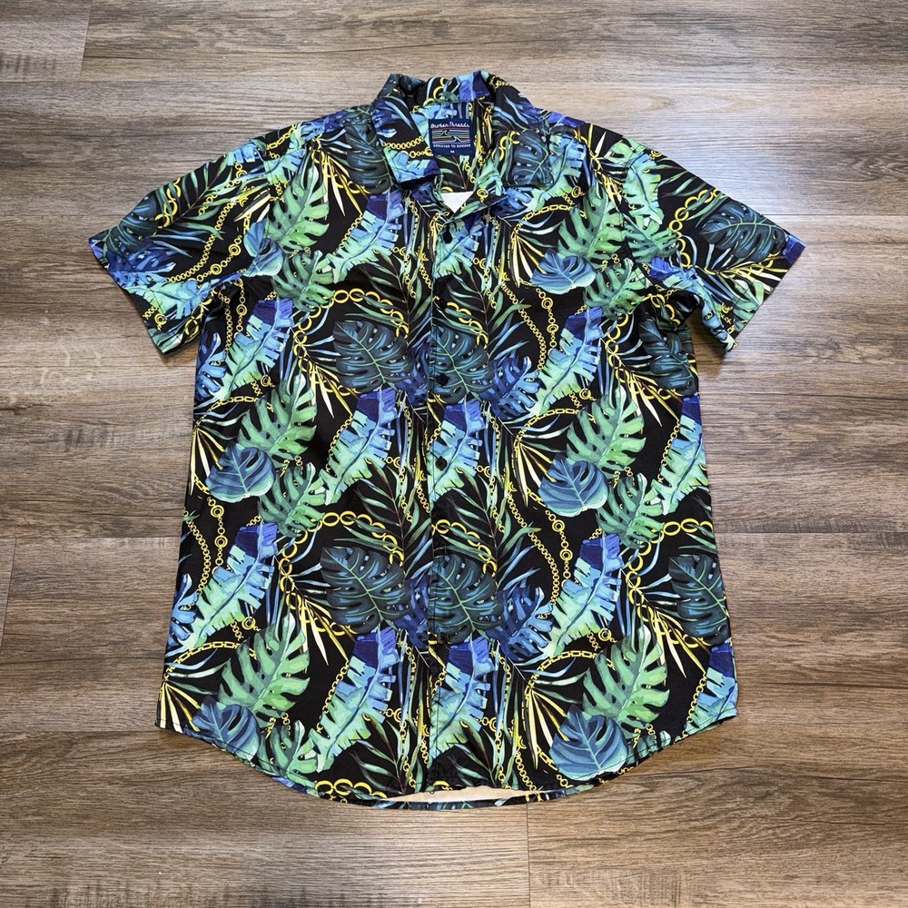 Broken Threads Shirt Mens M Short Sleeve Vibrant Tropical Leaf Print Blue Green